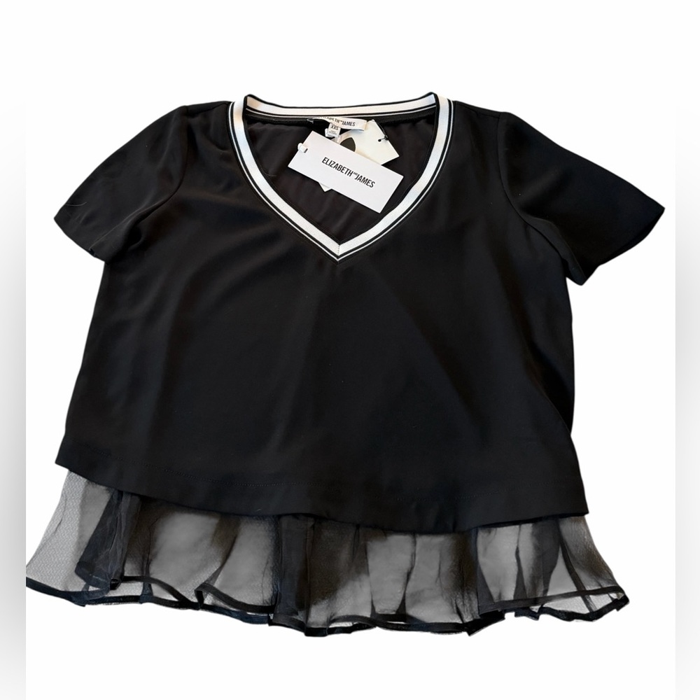 Elizabeth & James Tierney Blouse Black Tulle Hem V Neck Layered Top XXS
